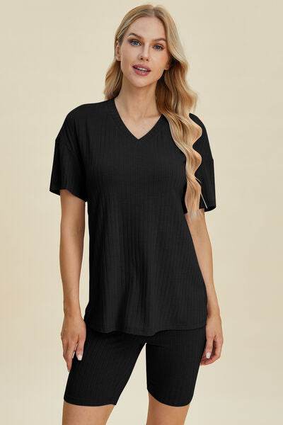 Basic Bae Full Size Ribbed V-Neck Short Sleeve Top and Shorts Set for a perfect OOTD – dress to impress outfits from Amexza