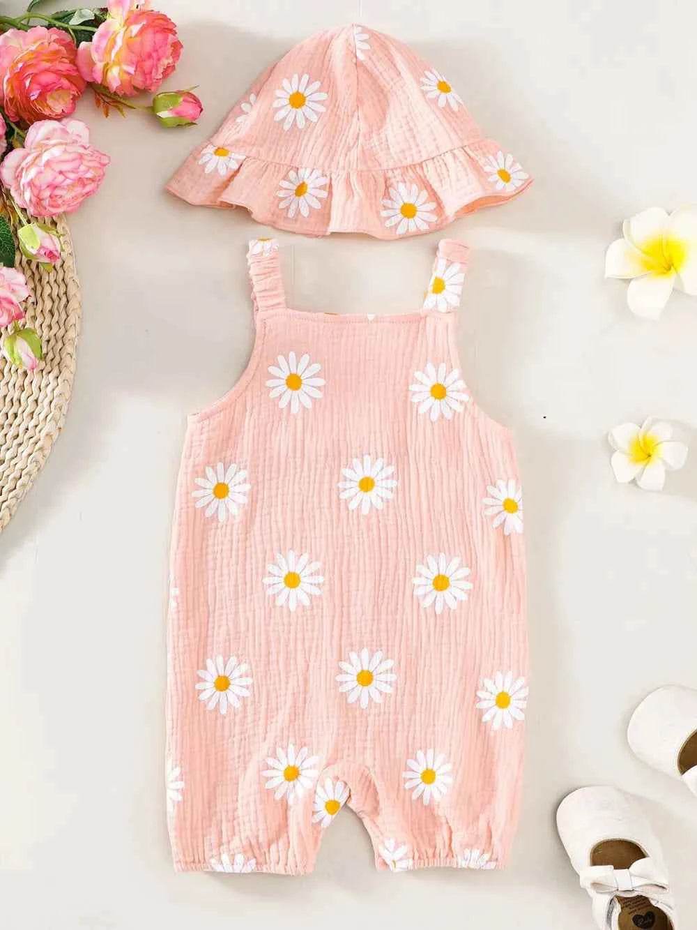 Children's Daisy Textured Wide Strap Romper and Hat Set for a perfect OOTD – dress to impress outfits from Amexza