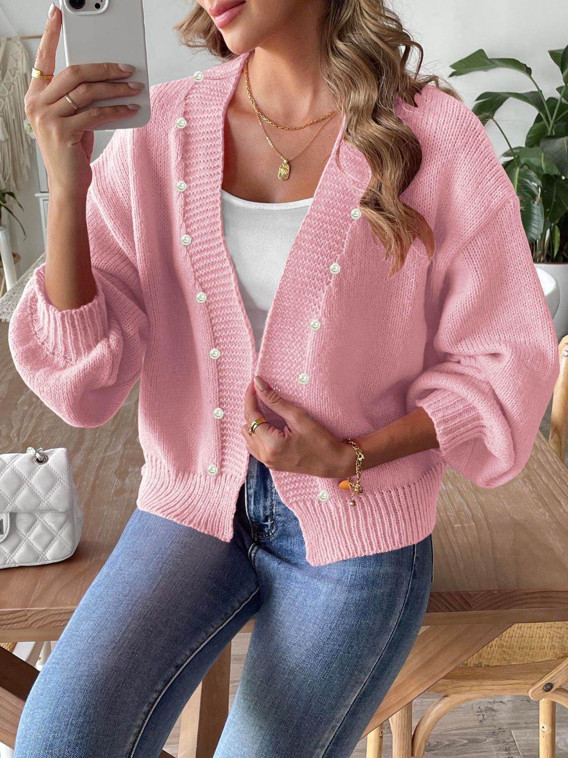 Pearl Open Front Long Sleeve Cardigan Blush Pink for a perfect OOTD – dress to impress outfits from Amexza