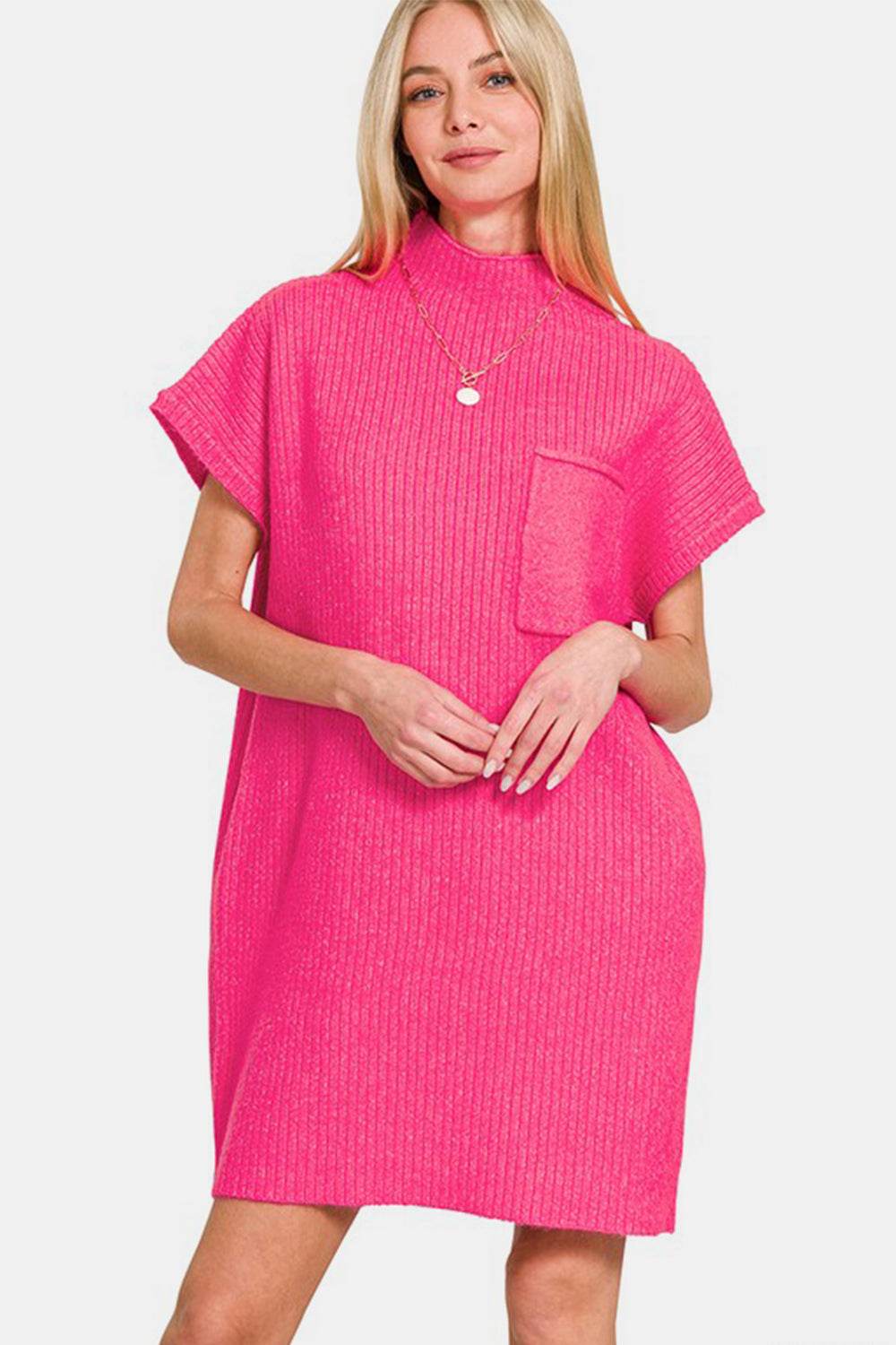 Zenana Short Sleeve Sweater Mini Dress Hot Pink for a perfect OOTD – dress to impress outfits from Amexza