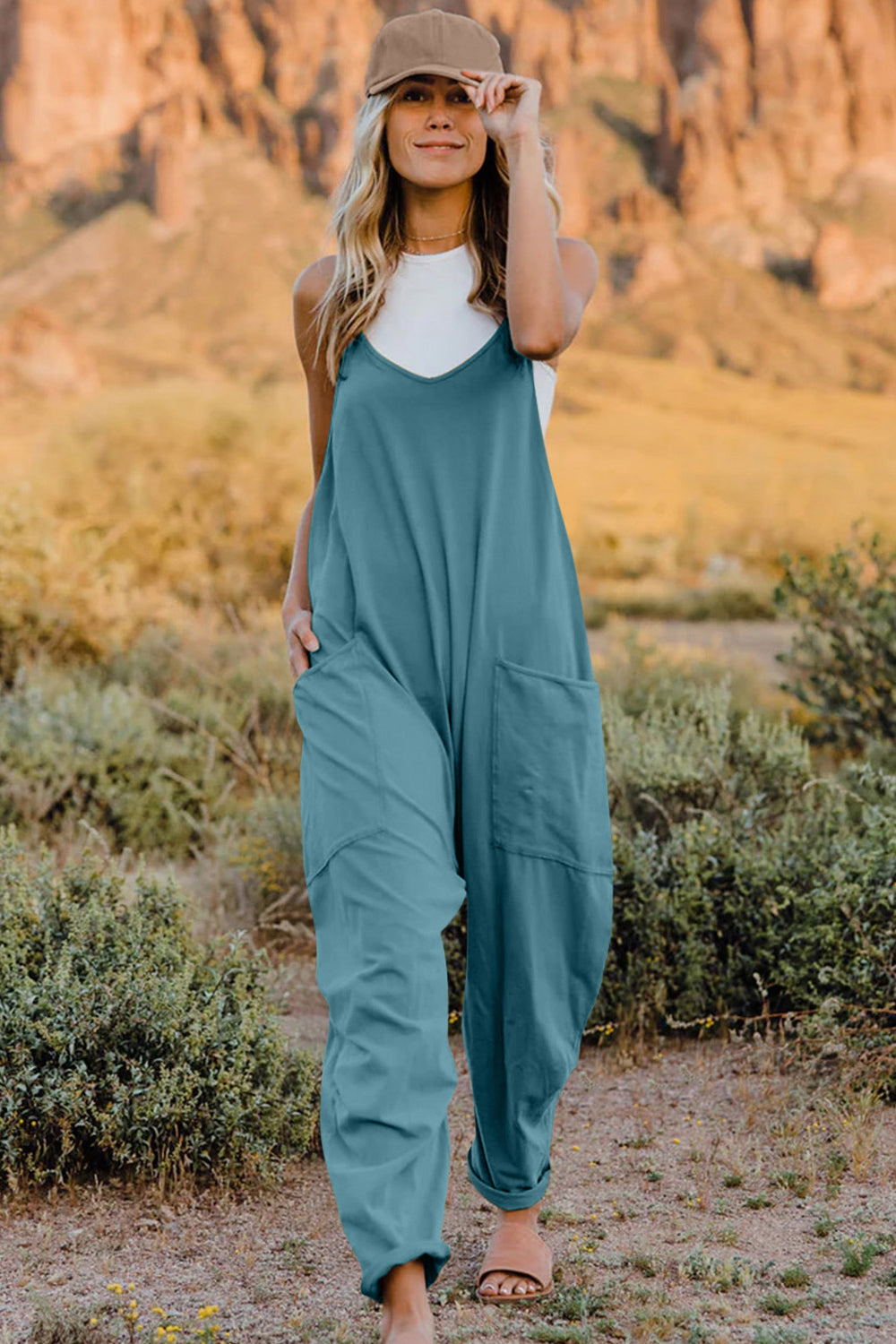 Double Take Full Size V-Neck Sleeveless Jumpsuit with Pockets Pastel Blue for a perfect OOTD – dress to impress outfits from Amexza