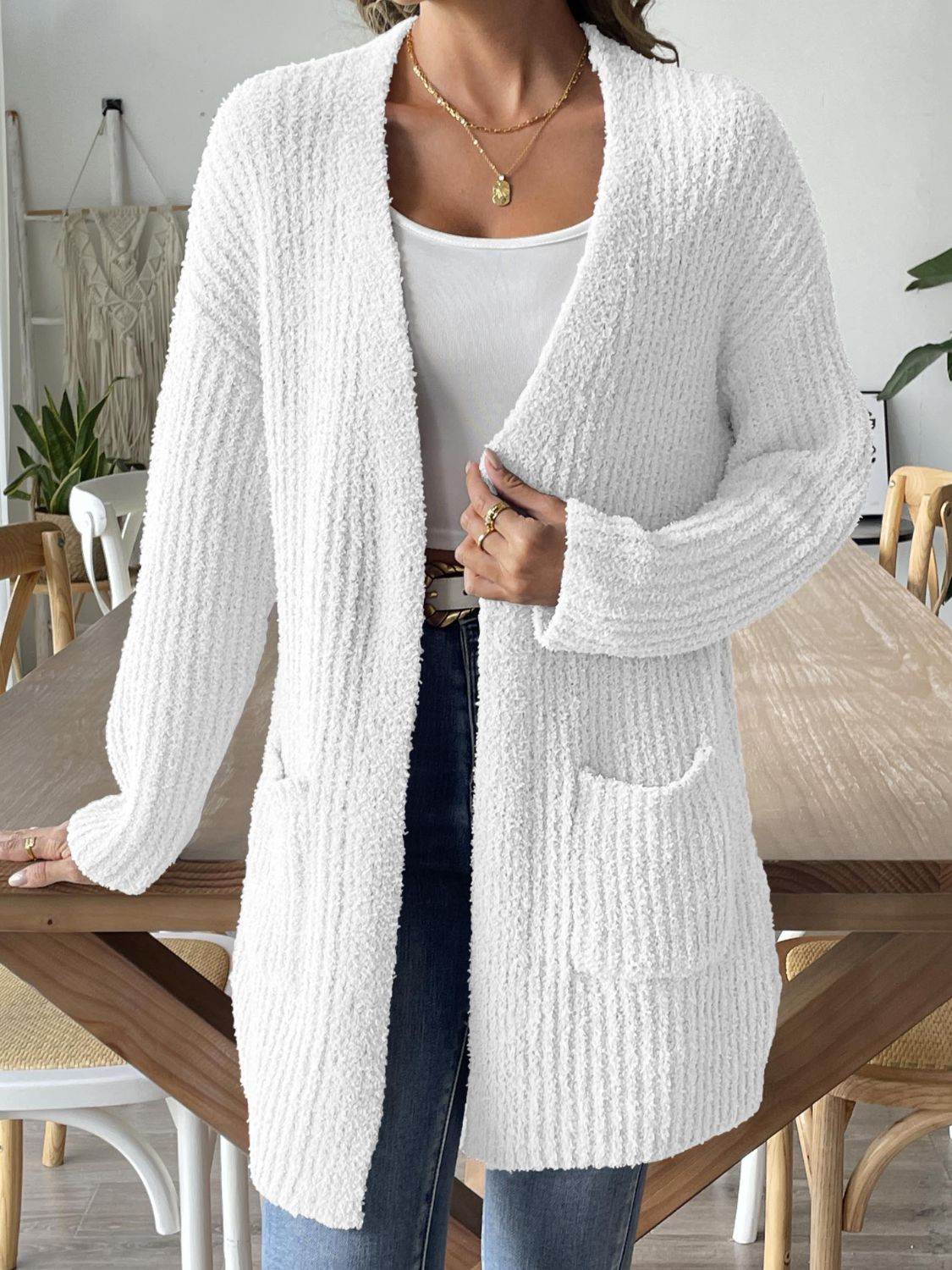 Open Front Long Sleeve Cardigan White for a perfect OOTD – dress to impress outfits from Amexza