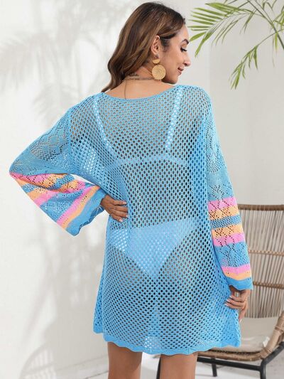 Openwork Contrast Long Sleeve Cover-Up for a perfect OOTD – dress to impress outfits from Amexza