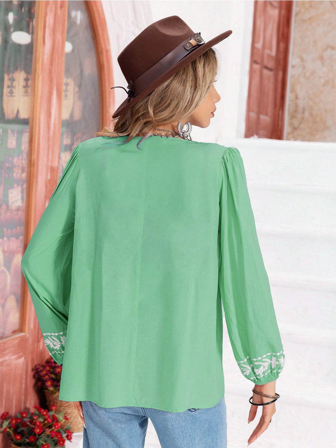 Floral Tie Neck Balloon Sleeve Blouse for a perfect OOTD – dress to impress outfits from Amexza