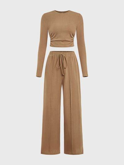 Round Neck Long Sleeve Top and Tied Pants Set Camel for a perfect OOTD – dress to impress outfits from Amexza