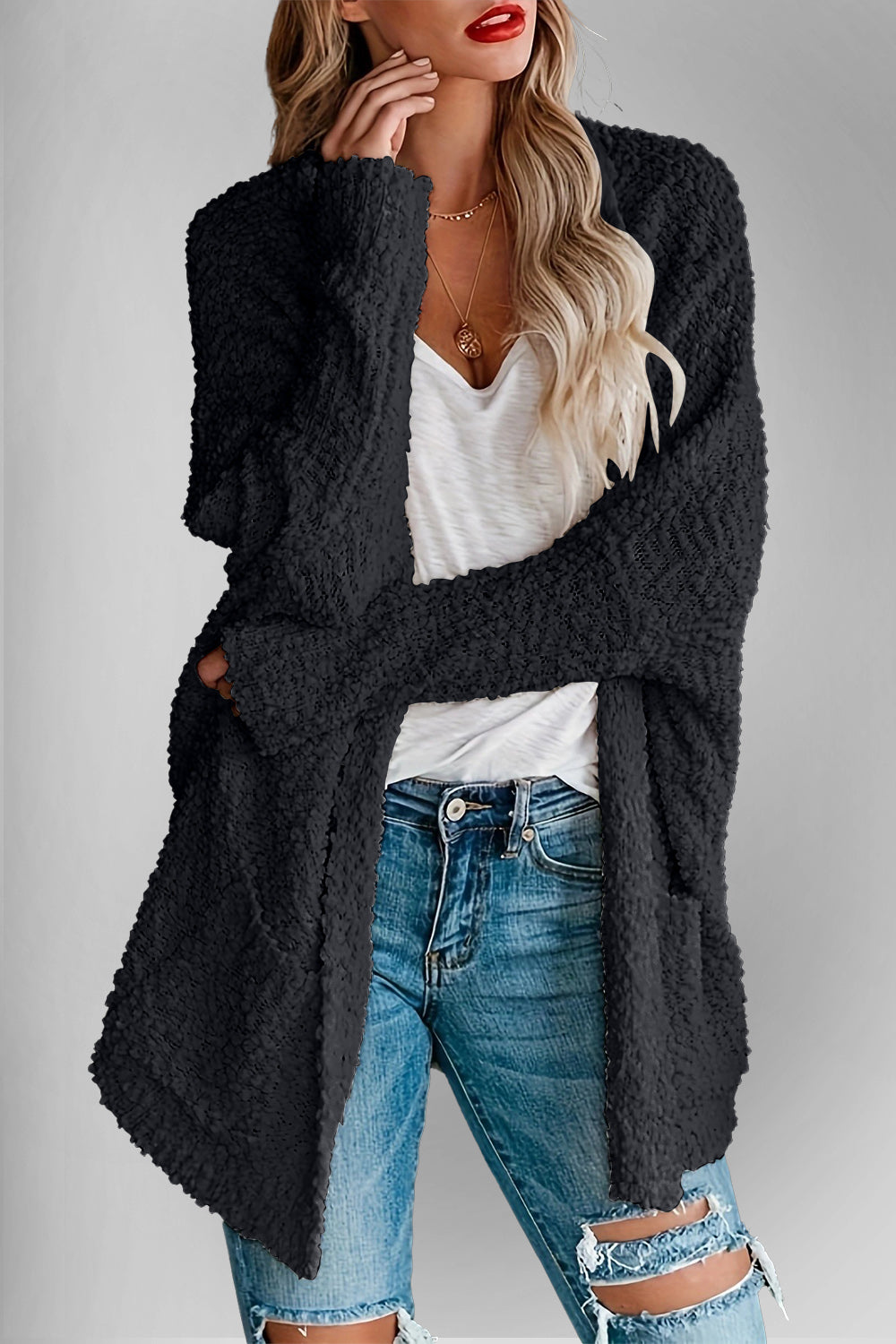 Double Take Pocketed Open Front Long Sleeve Cardigan Black for a perfect OOTD – dress to impress outfits from Amexza