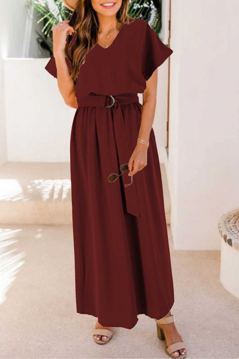 Ruched V-Neck Cap Sleeve Dress - Burgundy / S