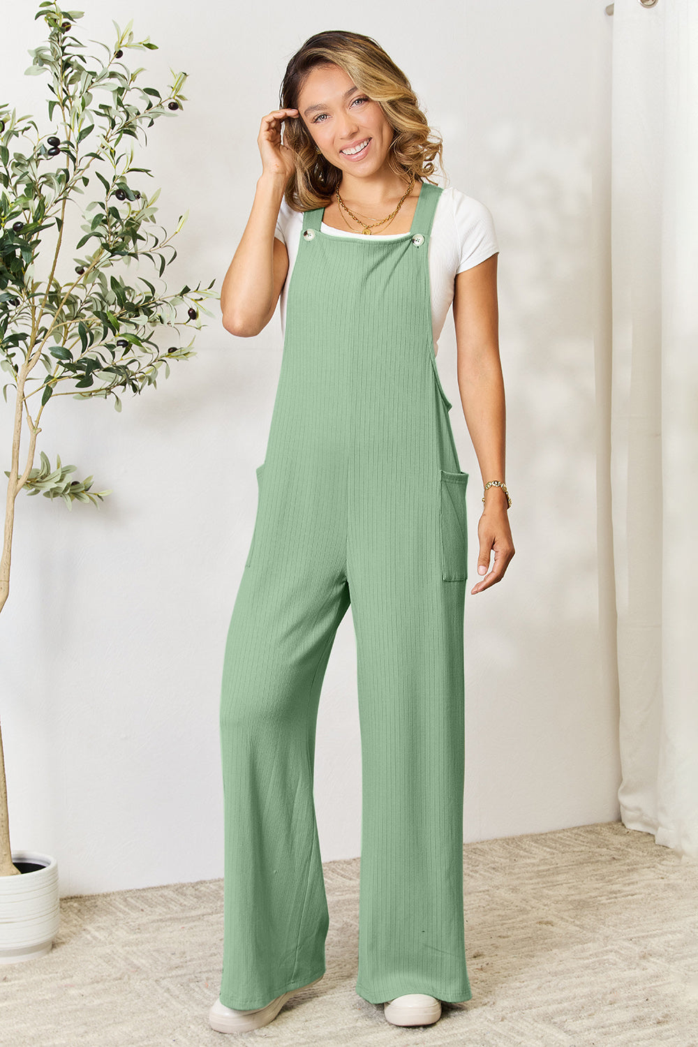 Double Take Full Size Wide Strap Overall with Pockets Gum Leaf for a perfect OOTD – dress to impress outfits from Amexza