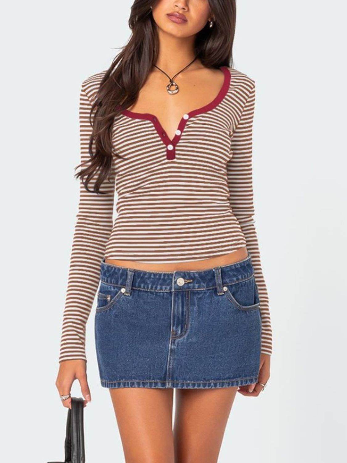 Buttoned Striped Long Sleeve T-Shirt for a perfect OOTD – dress to impress outfits from Amexza