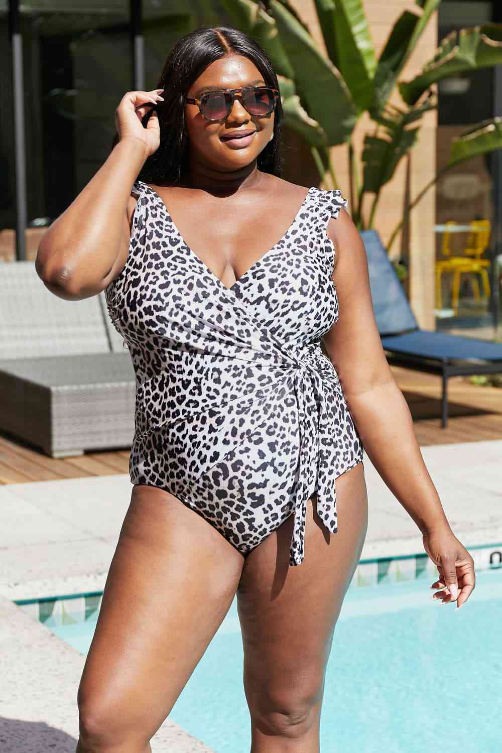 Marina West Swim Full Size Float On Ruffle Faux Wrap One-Piece in Cat for a perfect OOTD – dress to impress outfits from Amexza