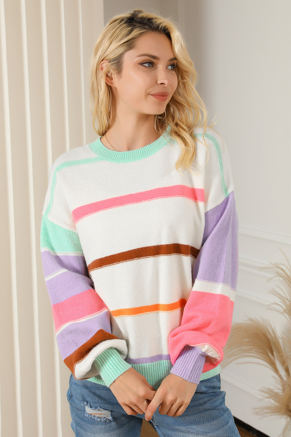 Round Neck Lantern Sleeve Sweater