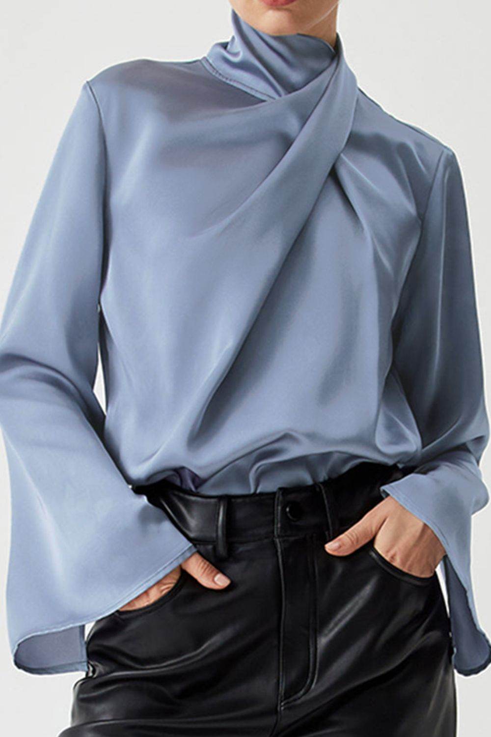 Cutout Turtleneck Long Sleeve Blouse Dusty Blue for a perfect OOTD – dress to impress outfits from Amexza