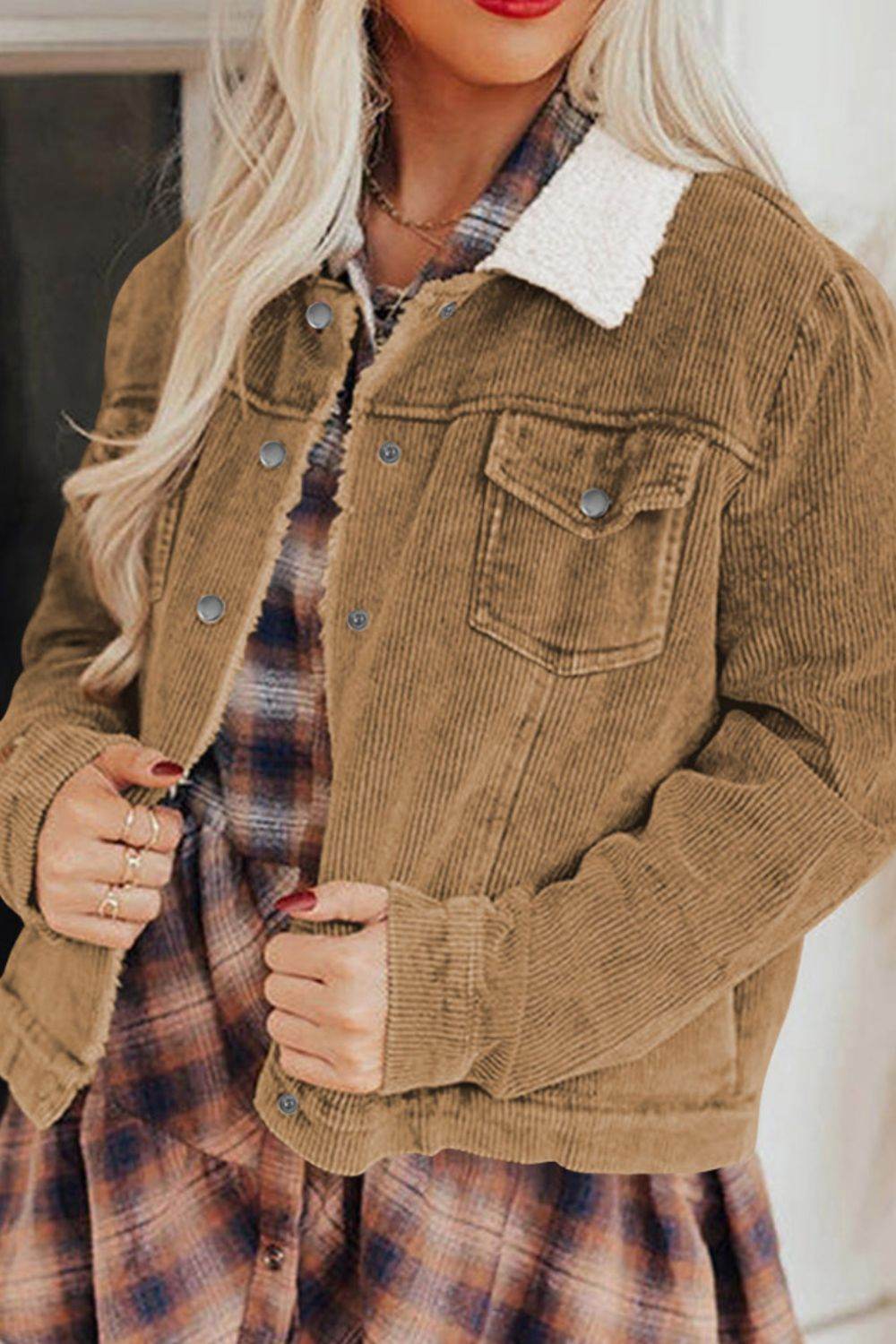 Corduroy Collared Neck Snap Down Jacket for a perfect OOTD – dress to impress outfits from Amexza