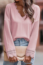 Lace Detail V-Neck Long Sleeve T-Shirt - Amexza