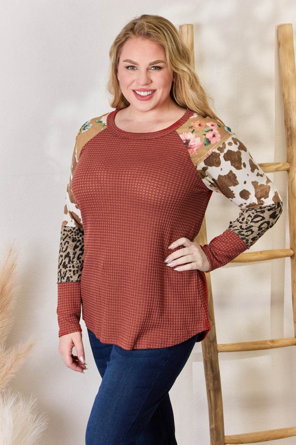 Hailey & Co Full Size Leopard Waffle-Knit Blouse - Amexza