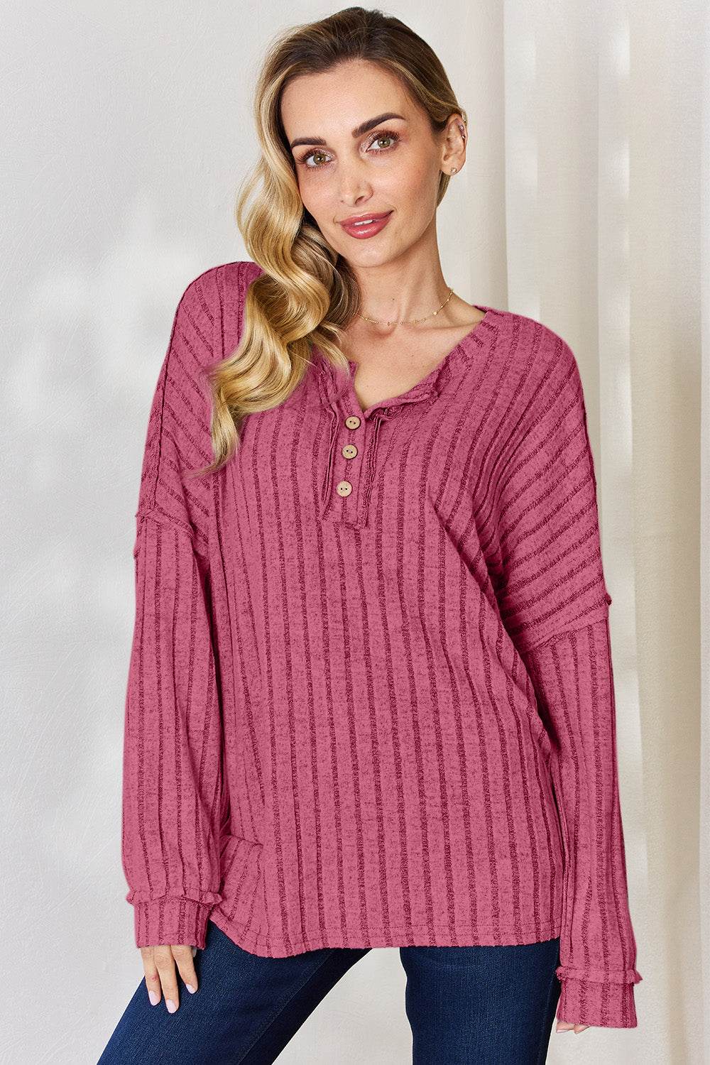 Basic Bae Full Size Ribbed Half Button Long Sleeve T-Shirt Hot Pink for a perfect OOTD – dress to impress outfits from Amexza