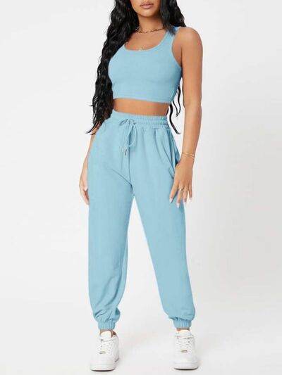 Wide Strap Top and Drawstring Joggers Set Blue for a perfect OOTD – dress to impress outfits from Amexza