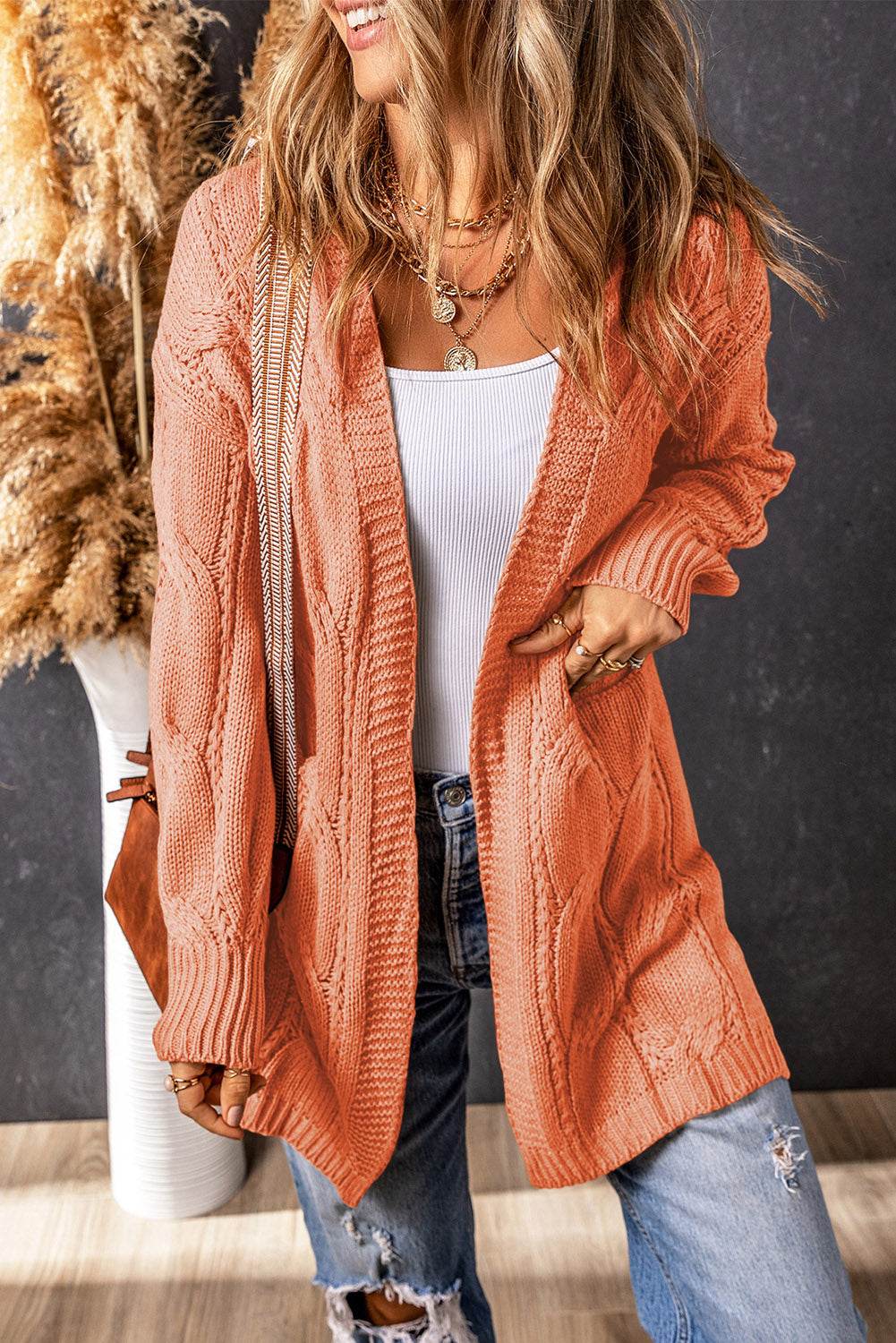 Cable-Knit Dropped Shoulder Slit Cardigan for a perfect OOTD – dress to impress outfits from Amexza