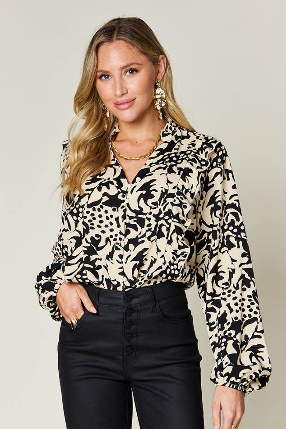 Double Take Full Size Printed Ruffle Trim Balloon Sleeve Shirt - Amexza
