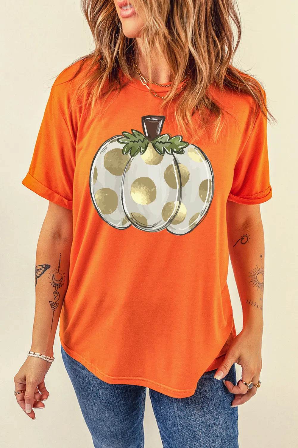 Pumpkin Graphic Round Neck Short Sleeve T-Shirt Orange for a perfect OOTD – dress to impress outfits from Amexza