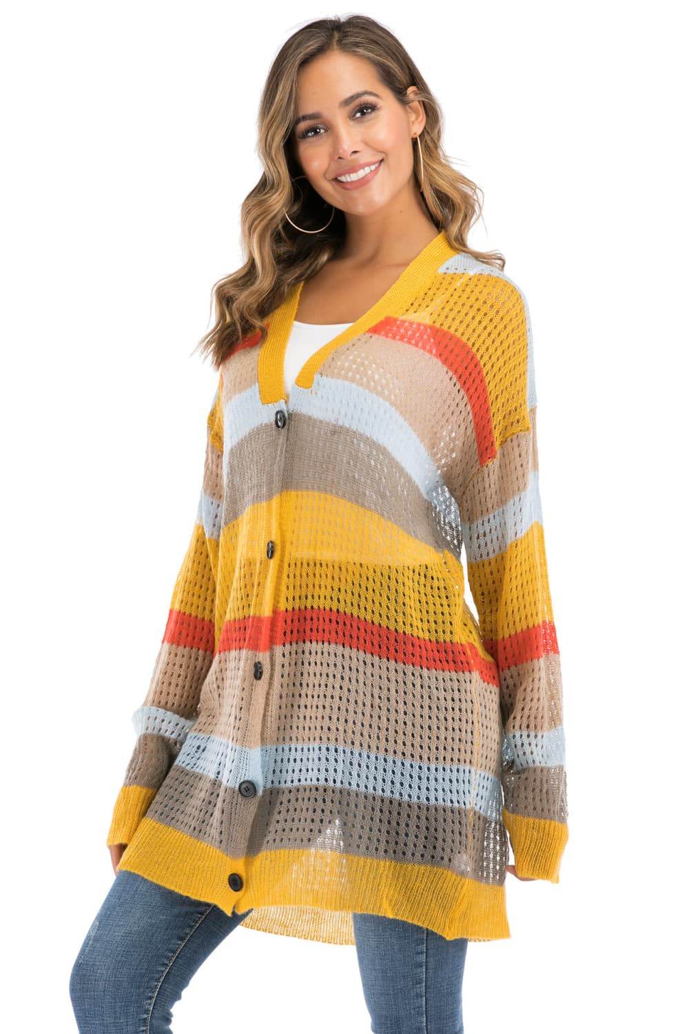 Color Block Openwork Long Sleeve Cardigan for a perfect OOTD – dress to impress outfits from Amexza