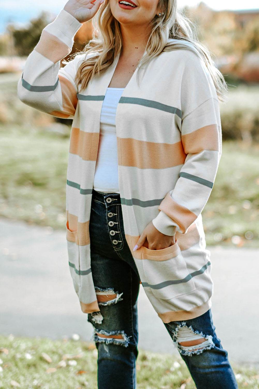 Plus Size Striped Open Front Cardigan Beige for a perfect OOTD – dress to impress outfits from Amexza