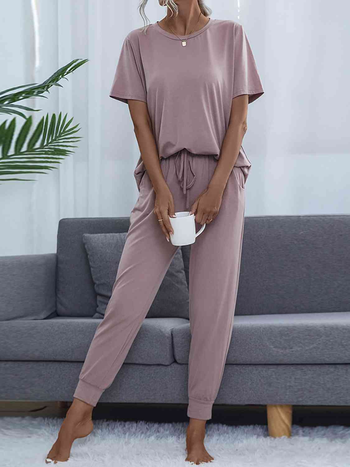 Shiny Round Neck Short Sleeve Top and Pants Set for a perfect OOTD – dress to impress outfits from Amexza