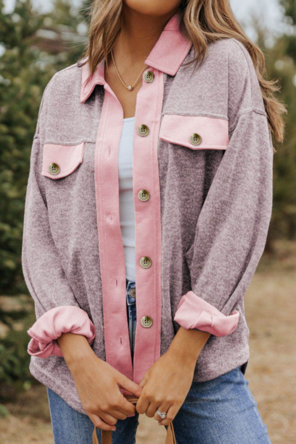 Contrast Trim Button Up Shacket Dusty Pink for a perfect OOTD – dress to impress outfits from Amexza