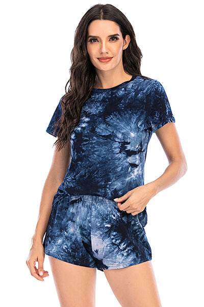 Tie-Dye Round Neck Short Sleeve Top and Shorts Lounge Set for a perfect OOTD – dress to impress outfits from Amexza