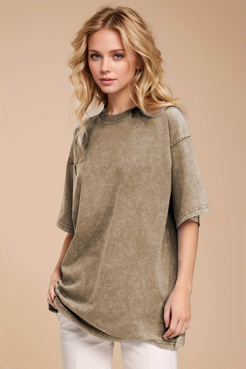 Basic Bae Round Neck Half Sleeve T-Shirt Taupe for a perfect OOTD – dress to impress outfits from Amexza