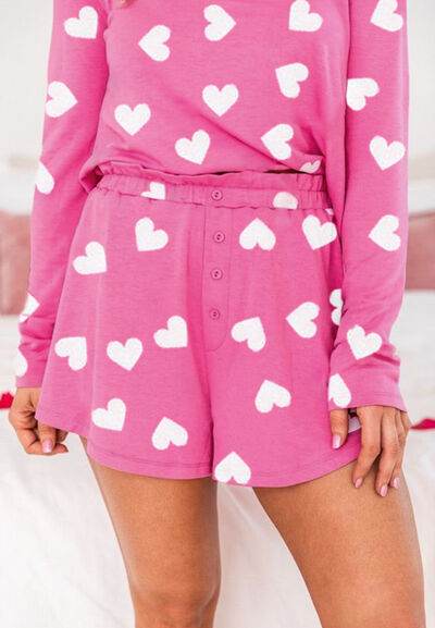 Heart Round Neck Long Sleeve Top and Elastic Waist Shorts Set for a perfect OOTD – dress to impress outfits from Amexza