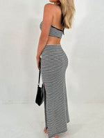 Perfee Striped Halter Neck Top and Slit Skirt Set for a perfect OOTD – dress to impress outfits from Amexza