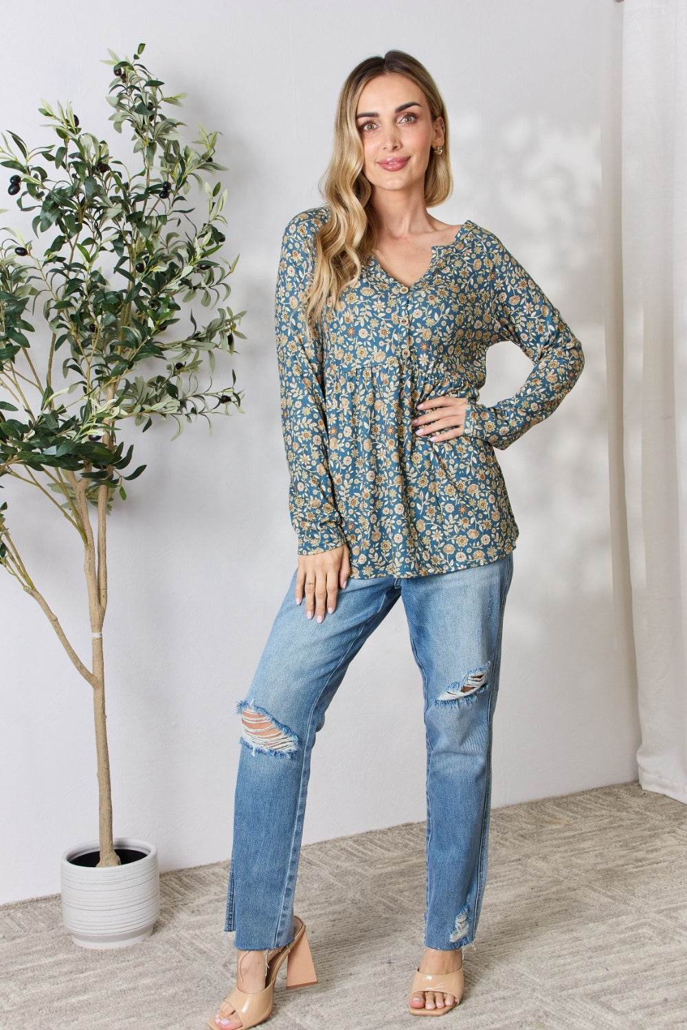 Heimish Full Size Floral Half Button Long Sleeve Blouse - Amexza