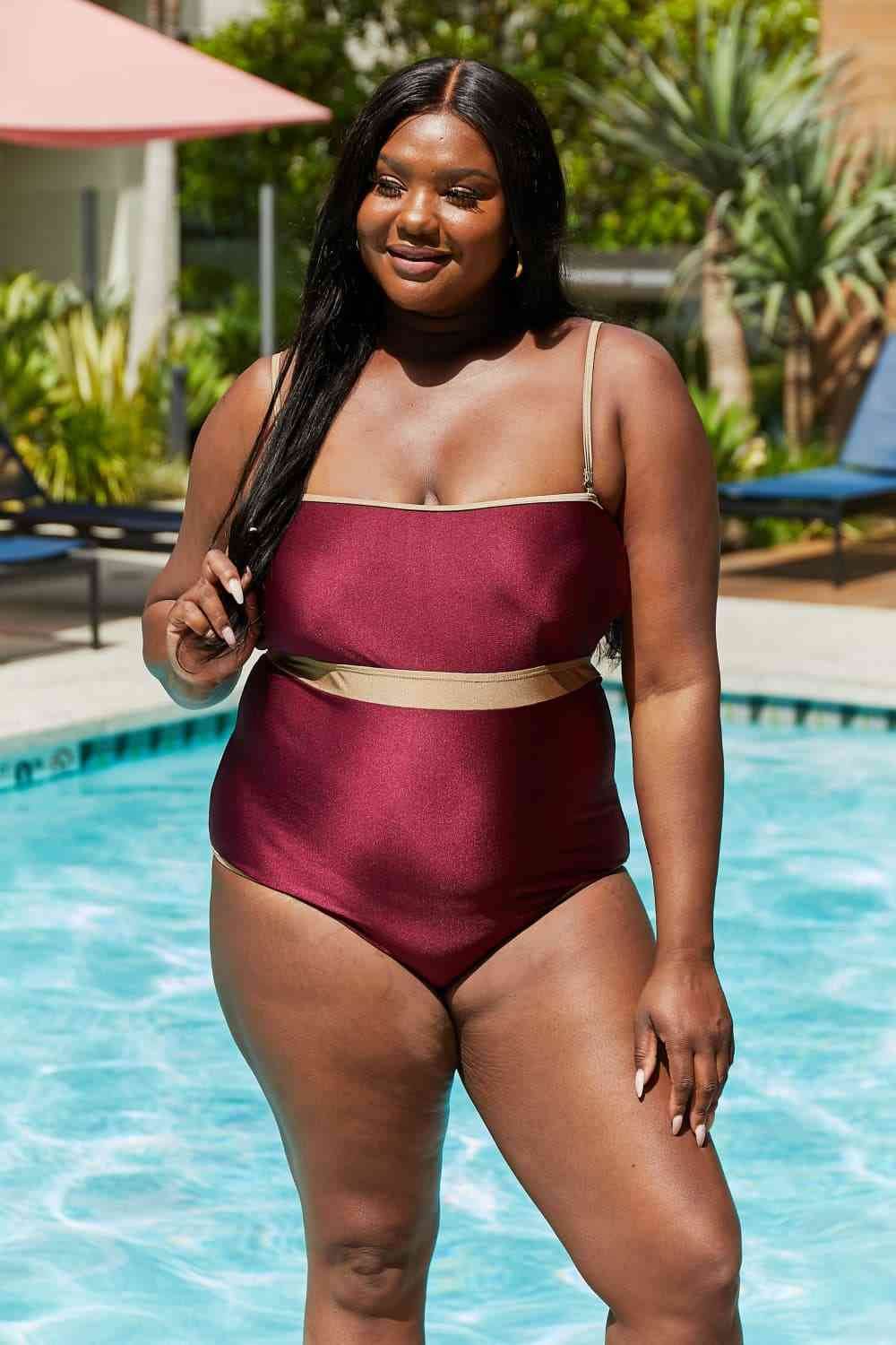 Marina West Swim Wave Break Contrast Trim One-Piece in Wine for a perfect OOTD – dress to impress outfits from Amexza