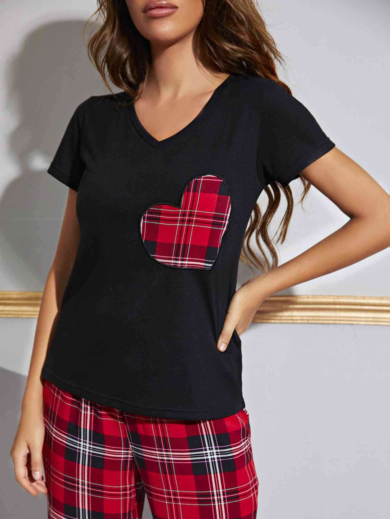 Heart Graphic V-Neck Top and Plaid Pants Lounge Set for a perfect OOTD – dress to impress outfits from Amexza