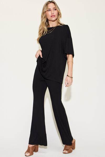 Basic Bae Full Size Bamboo Drop Shoulder T-Shirt and Flare Pants Set for a perfect OOTD – dress to impress outfits from Amexza