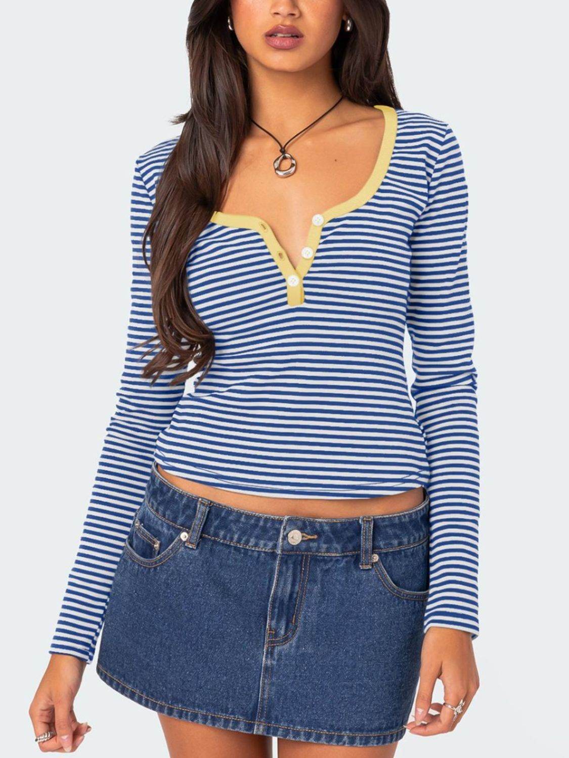 Buttoned Striped Long Sleeve T-Shirt Blue for a perfect OOTD – dress to impress outfits from Amexza