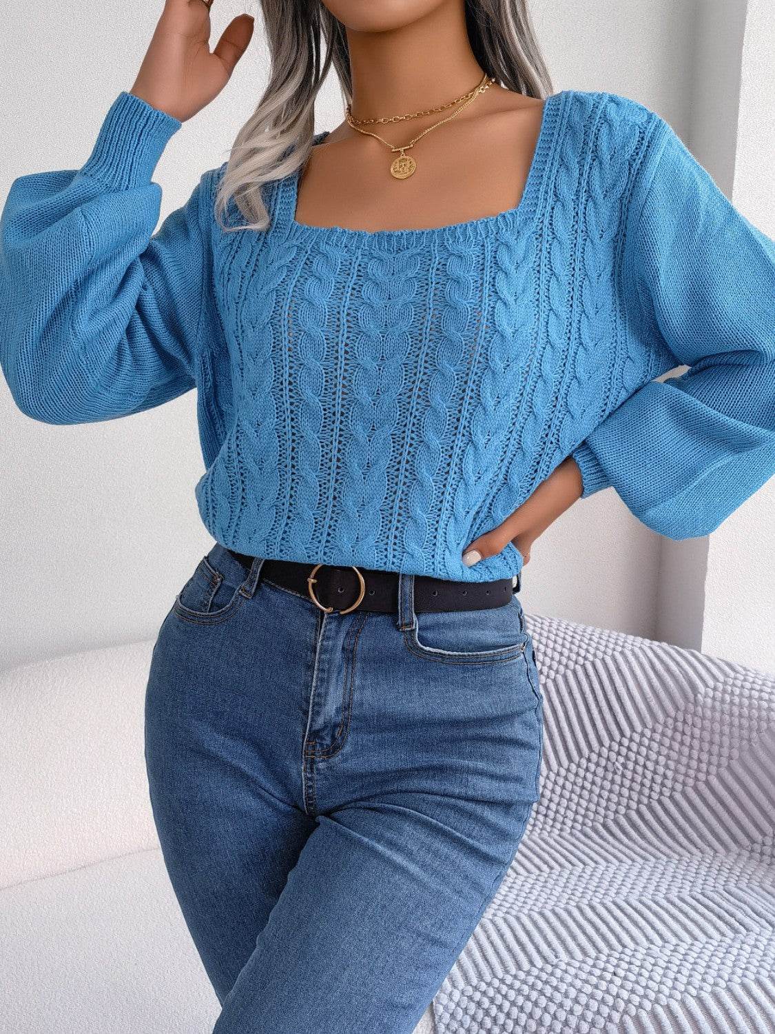 Cable-Knit Square Neck Long Sleeve Sweater for a perfect OOTD – dress to impress outfits from Amexza