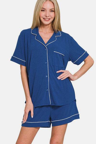 Zenana Button Down Short Sleeve Top and Shorts Lounge Set - Amexza