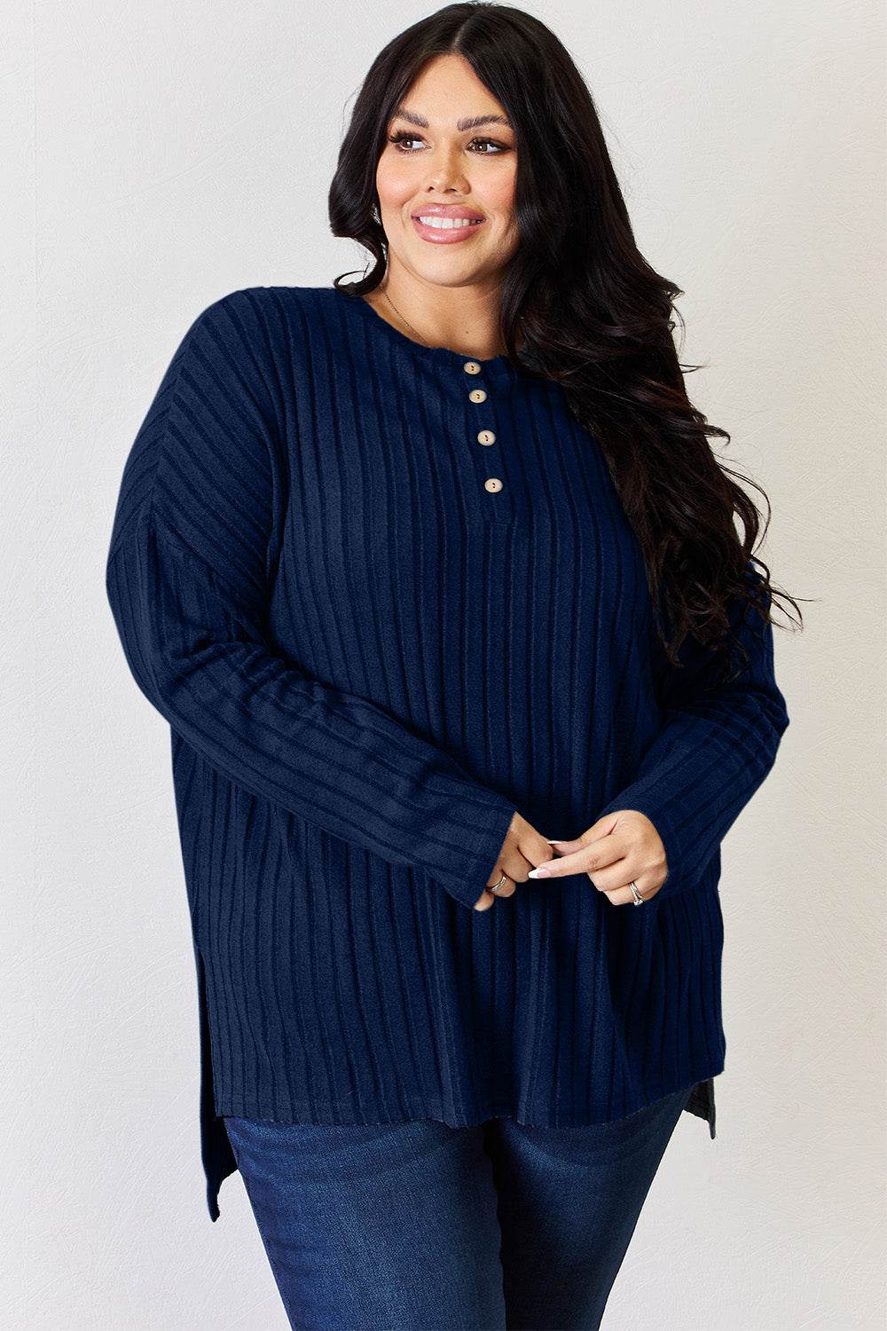 Basic Bae Full Size Ribbed Half Button Long Sleeve High-Low T-Shirt for a perfect OOTD – dress to impress outfits from Amexza