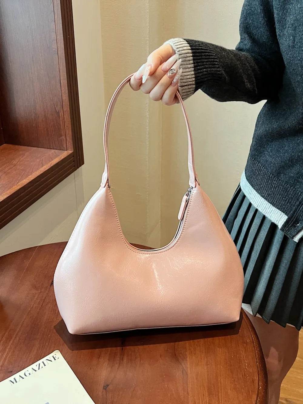 PU Leather Shoulder Bag with Zip Watermelon pink One Size for a perfect OOTD – dress to impress outfits from Amexza