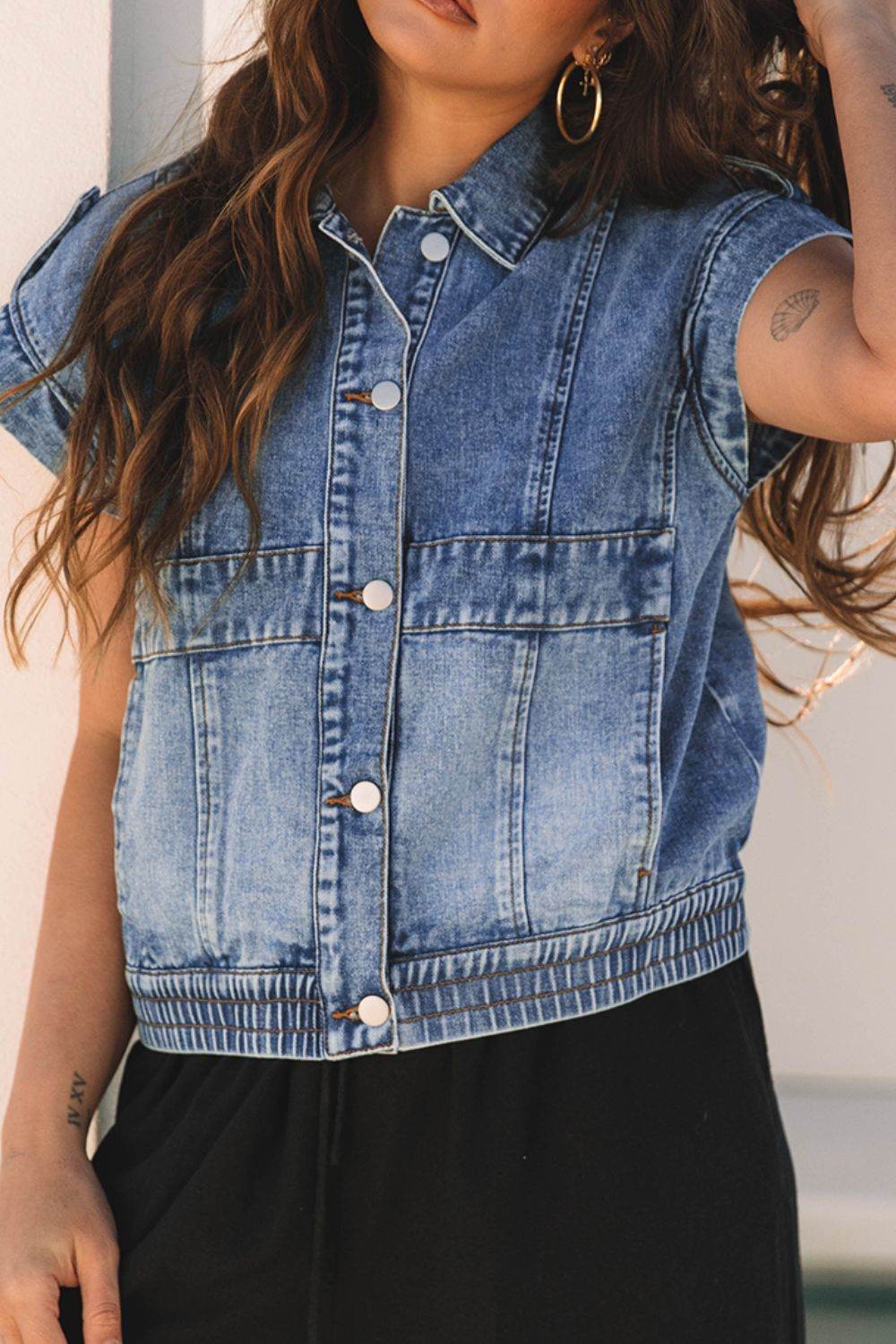 Button Up Cap Sleeve Denim Jacket - Amexza