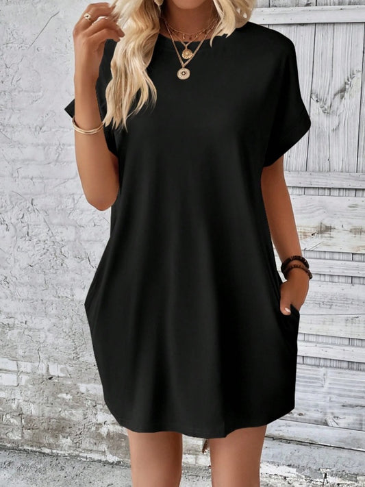 Pocketed Round Neck Short Sleeve Dress - Black / S