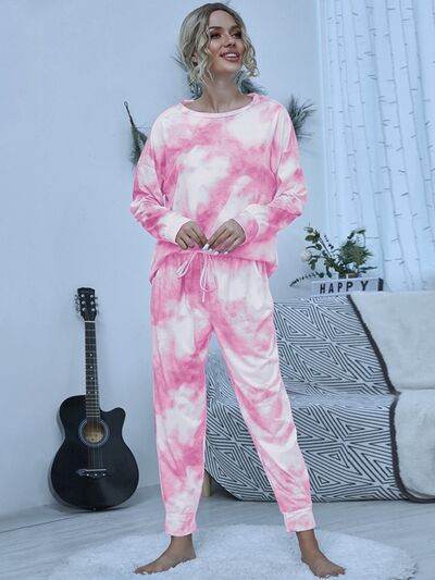 Shiny Tie-Dye Round Neck Top and Pants Lounge Set Blush Pink for a perfect OOTD – dress to impress outfits from Amexza