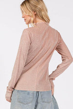 SAGE + FIG Glitter Mock Neck Lettuce Hem Long Sleeve Top - Amexza