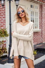 V-Neck Slit Exposed Seam Sweater for a perfect OOTD – dress to impress outfits from Amexza