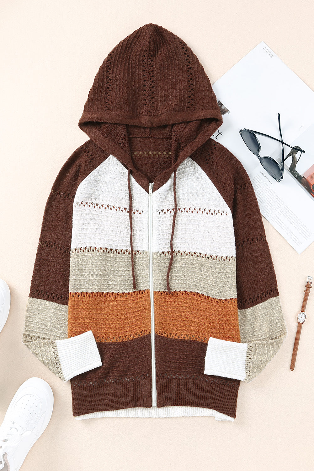 Zip-Up Raglan Sleeve Openwork Hooded Cardigan Coffee Brown for a perfect OOTD – dress to impress outfits from Amexza