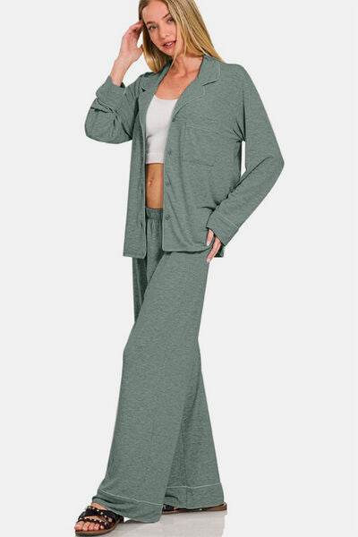 Zenana Button Down Long Sleeve Top and Pants Lounge Set for a perfect OOTD – dress to impress outfits from Amexza