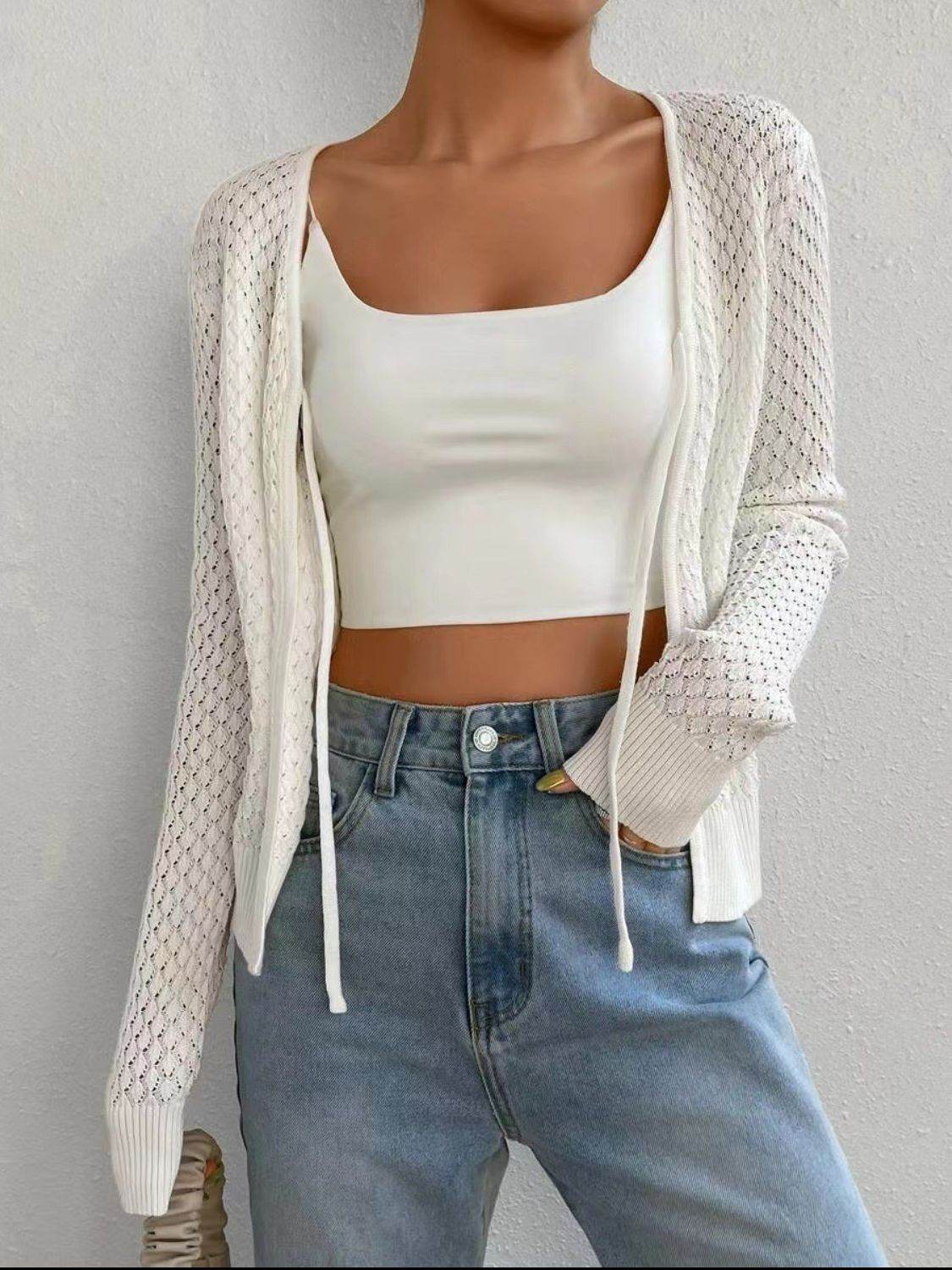 Tied Openwork V-Neck Long Sleeve Cardigan - Amexza