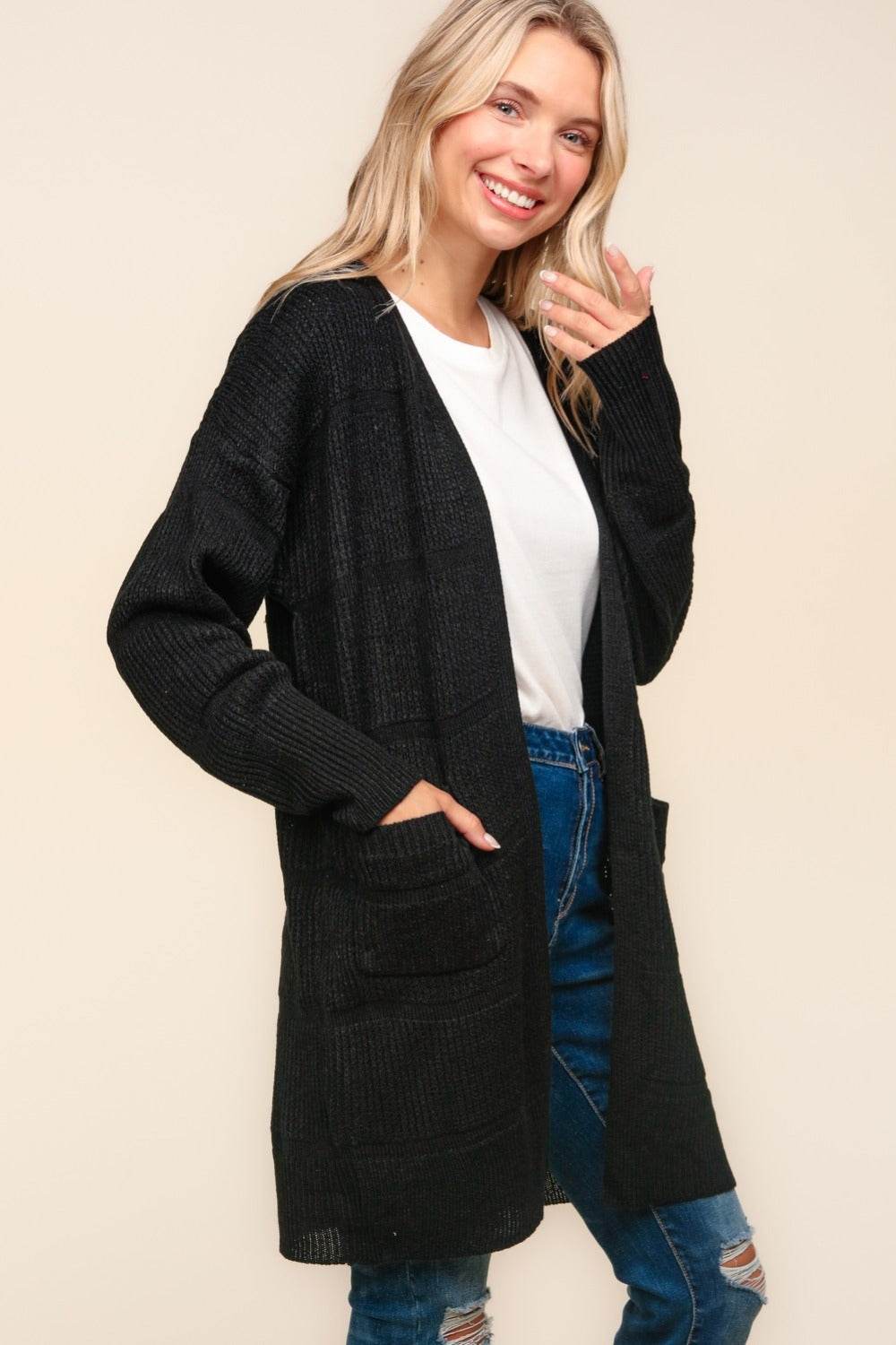 Haptics Stripe Textured Open Front Cardigan with Pockets for a perfect OOTD – dress to impress outfits from Amexza